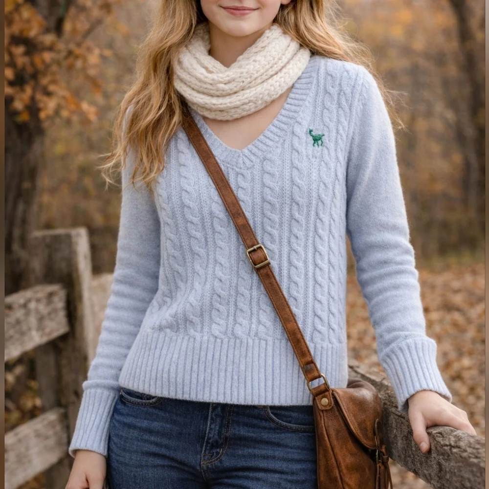 Old Navy Light Blue Cable Knit Sweater XL Embroidered Deer Fall 2009 2010s Fashi